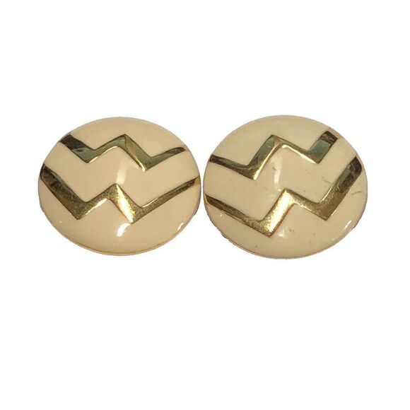 Vintage Monet Button Earrings Cream Ivory Enamel Gold Abstract 7/8 Inch - Picture 1 of 7